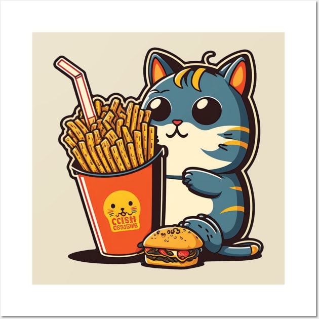 Cute Cat Eating Fries Wall Art by Cute Pets Stickers